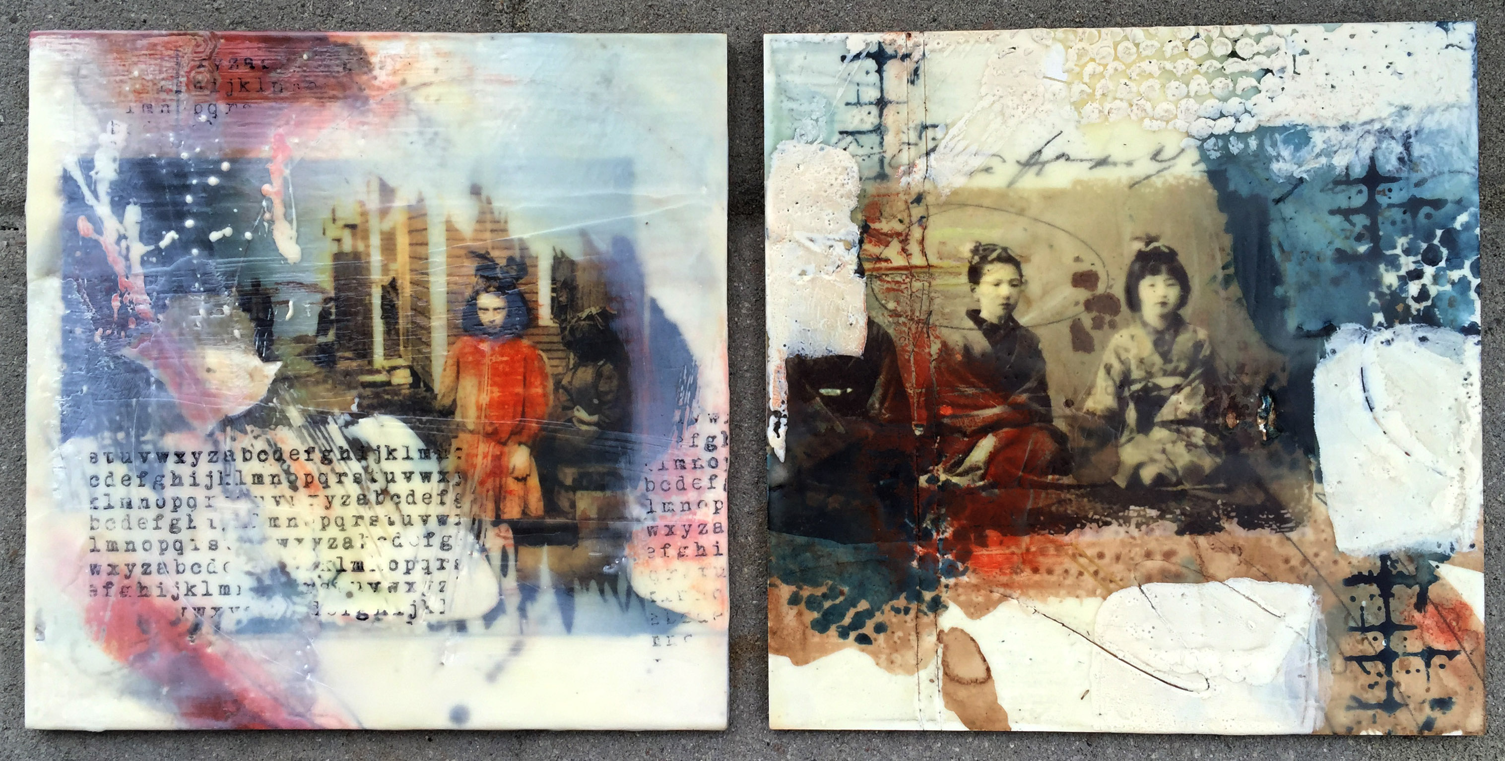 Experimental encaustic work on board with wax, digital images, watercolor and pan pastels